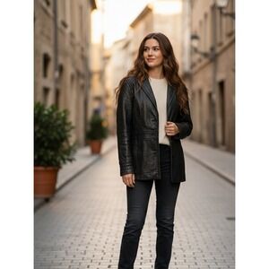 Avanti‎ Blazer Jacket Womens Large Black Leather Notch Lapel Single Breasted